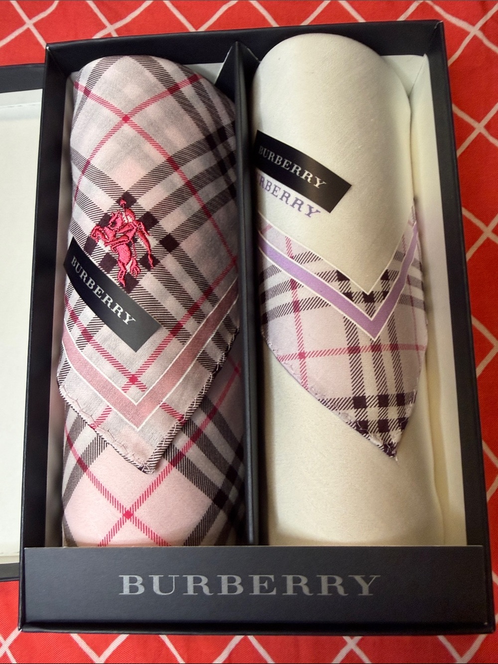 Burberry set of 2 handkerchief / neck scarf — Pink, Cream & Black cotton